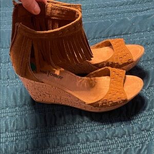 Minnetonka Brown Fringe Wedge Sandals